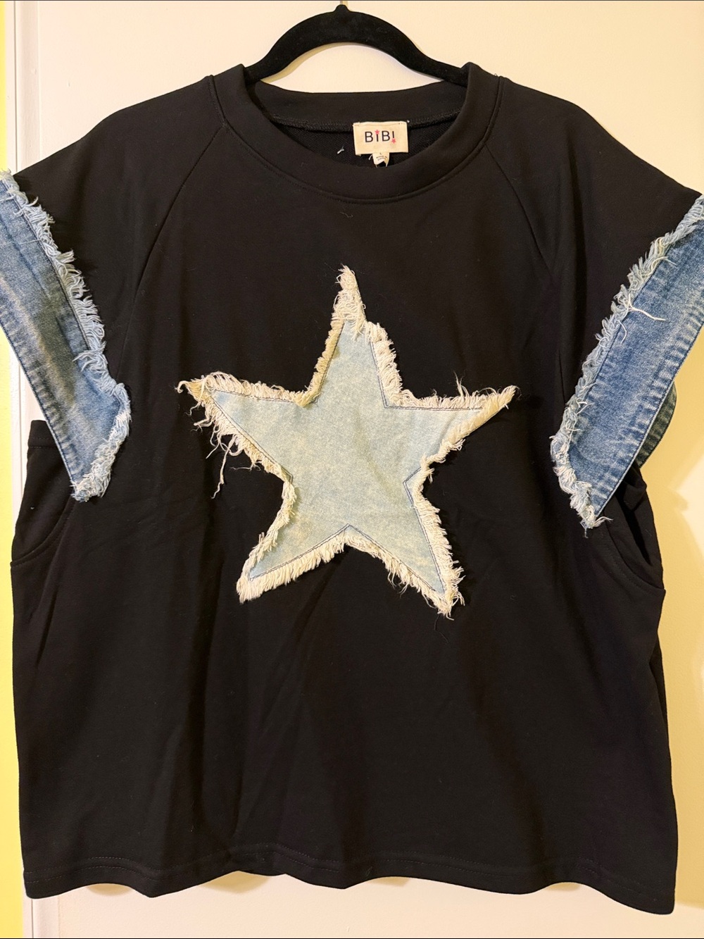 BiBi Black Sweatshirt with Light Blue Frayed Star and Denim Trim